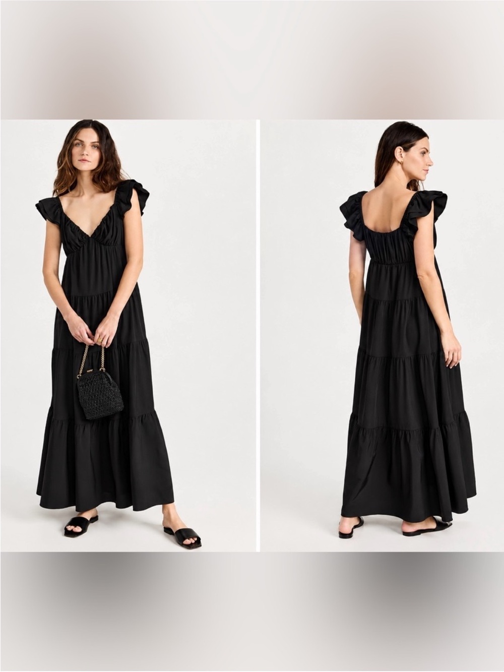 English Factory Black Tiered Maxi Dress Flutter Sleeve Poplin Sz Large